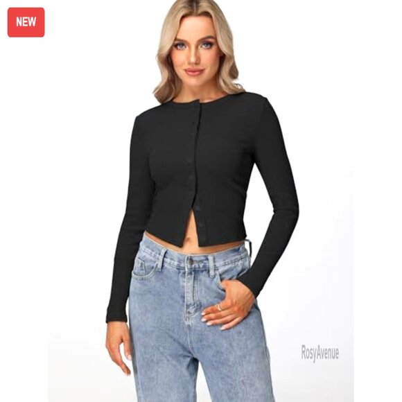 Long Sleeve Ribbed Cropped Cardigan Top, Polyester Spandex, Y2K Style - Picture 2 of 7